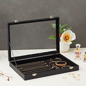 Black Velvet Jewelry Display Case for Rings, Bracelet and Necklace Organizer Box for Selling (13.75 x 9.5 In)