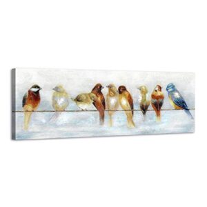 artistic path abstract birds canvas wall art: colorful birds on wire picture sparrow painting artwork for living room (36”w x 12”h, multi-sized)