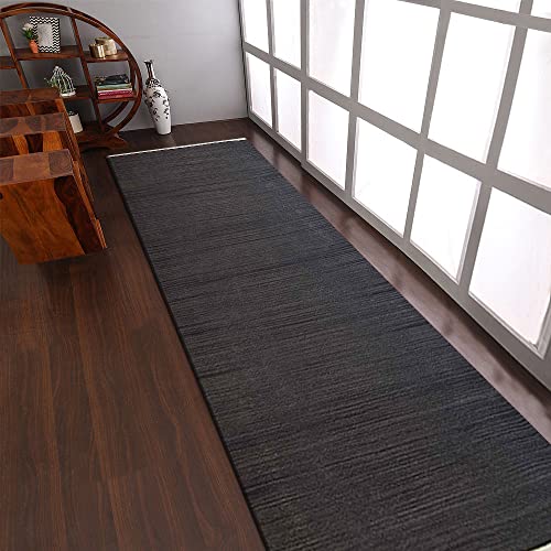 Rugsotic Carpets Hand Woven Flat Weave Kilim Wool 2'6''x10' Runner Area Rug Solid Charcoal D00111