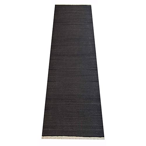 Rugsotic Carpets Hand Woven Flat Weave Kilim Wool 2'6''x10' Runner Area Rug Solid Charcoal D00111