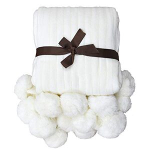 tealp pom pom blanket white cotton knitted throw blanket with pom poms (cream white, 40”x60”)