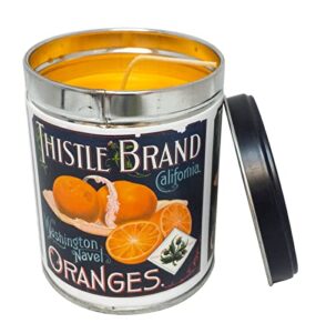 our own candle company orange creamsicle scented candle in 13 ounce tin with a thistle brand label