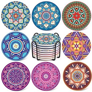 lifver 8 packs absorbent drink coaster sets, mandala style ceramic coasters with holder, 4 inches coasters for drinks with cork base, great colorful decor, ideal thanksgiving and housewarming gifts