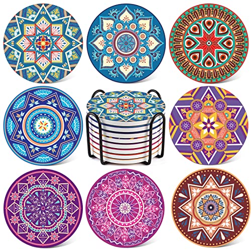 LIFVER 8 Packs Absorbent Drink Coaster Sets, Mandala Style Ceramic Coasters with Holder, 4 Inches Coasters for Drinks with Cork Base, Great Colorful Decor, Ideal Thanksgiving and Housewarming Gifts