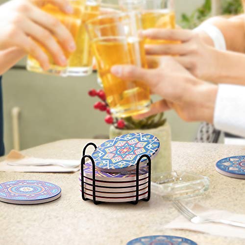 LIFVER 8 Packs Absorbent Drink Coaster Sets, Mandala Style Ceramic Coasters with Holder, 4 Inches Coasters for Drinks with Cork Base, Great Colorful Decor, Ideal Thanksgiving and Housewarming Gifts