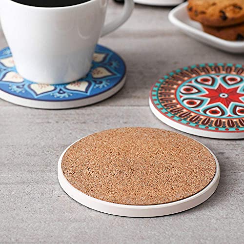 LIFVER 8 Packs Absorbent Drink Coaster Sets, Mandala Style Ceramic Coasters with Holder, 4 Inches Coasters for Drinks with Cork Base, Great Colorful Decor, Ideal Thanksgiving and Housewarming Gifts