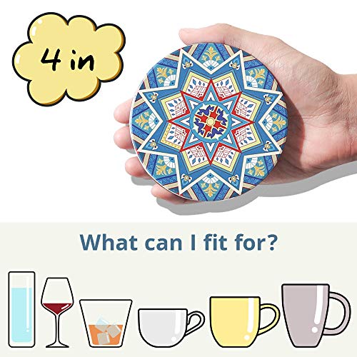 LIFVER 8 Packs Absorbent Drink Coaster Sets, Mandala Style Ceramic Coasters with Holder, 4 Inches Coasters for Drinks with Cork Base, Great Colorful Decor, Ideal Thanksgiving and Housewarming Gifts