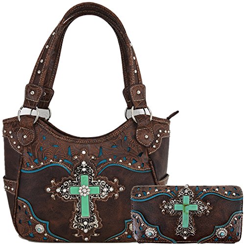 Western Rhinestone Cross Tooled Leather Totes Concealed Carry Purse Handbag Women Shoulder Bag Wallet Set (Coffee Set)