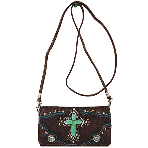 Western Rhinestone Cross Tooled Leather Totes Concealed Carry Purse Handbag Women Shoulder Bag Wallet Set (Coffee Set)