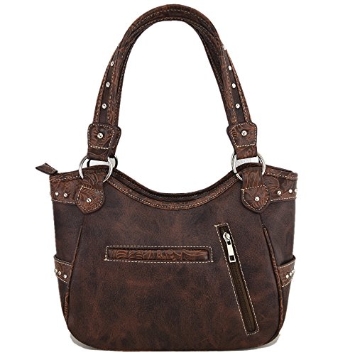 Western Rhinestone Cross Tooled Leather Totes Concealed Carry Purse Handbag Women Shoulder Bag Wallet Set (Coffee Set)