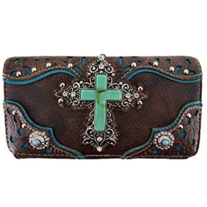 Western Rhinestone Cross Tooled Leather Totes Concealed Carry Purse Handbag Women Shoulder Bag Wallet Set (Coffee Set)