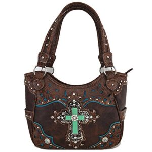 Western Rhinestone Cross Tooled Leather Totes Concealed Carry Purse Handbag Women Shoulder Bag Wallet Set (Coffee Set)