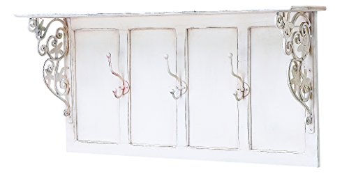 Amazing Decor Hand Painted Distressed White Wood Wall Shelf with Three Iron Hooks