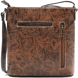 Western Style Tooled Leather Feather Crossbody Handbags Clutch Purse Women Country Everyday Shoulder Bag (Coffee)