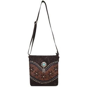 Western Style Tooled Leather Feather Crossbody Handbags Clutch Purse Women Country Everyday Shoulder Bag (Coffee)