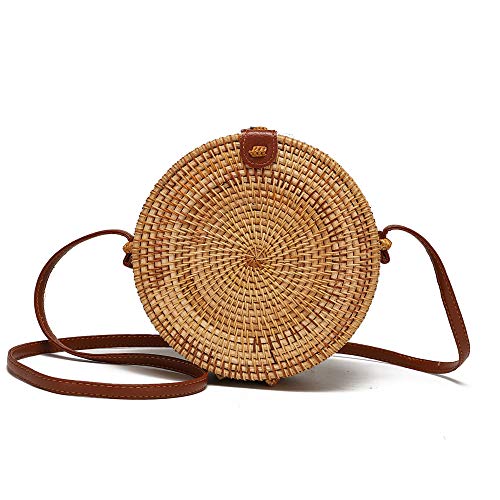 Ahtine Handwoven Round Rattan Bag for Women With Adjustable Strap Crossbody Straw Handbag (Tan)