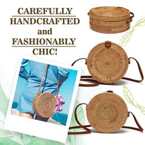 Ahtine Handwoven Round Rattan Bag for Women With Adjustable Strap Crossbody Straw Handbag (Tan)