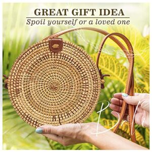 Ahtine Handwoven Round Rattan Bag for Women With Adjustable Strap Crossbody Straw Handbag (Tan)