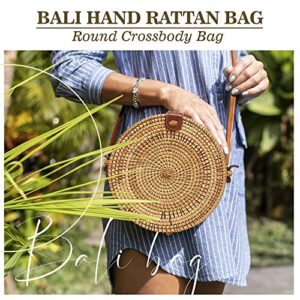 Ahtine Handwoven Round Rattan Bag for Women With Adjustable Strap Crossbody Straw Handbag (Tan)