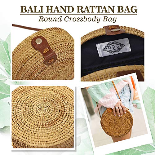 Ahtine Handwoven Round Rattan Bag for Women With Adjustable Strap Crossbody Straw Handbag (Tan)