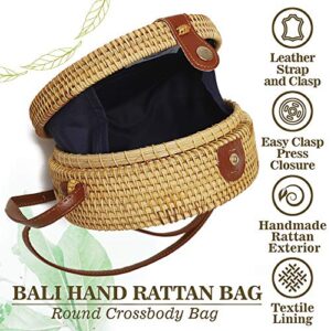 Ahtine Handwoven Round Rattan Bag for Women With Adjustable Strap Crossbody Straw Handbag (Tan)