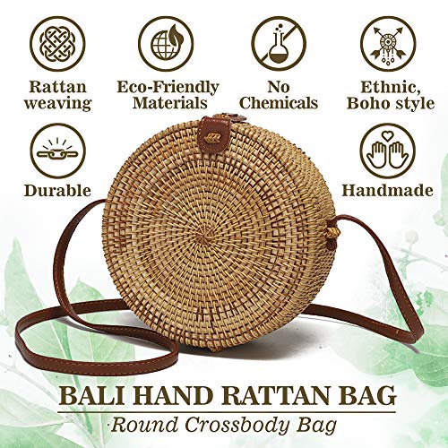 Ahtine Handwoven Round Rattan Bag for Women With Adjustable Strap Crossbody Straw Handbag (Tan)