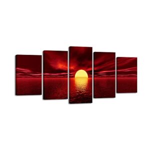 wieco art red sun canvas prints wall art ocean sea beach pictures paintings ready to hang for living room bedroom home decorations modern 5 piece stretched and framed grace landscape giclee artwork