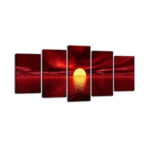 Wieco Art Red Sun Canvas Prints Wall Art Ocean Sea Beach Pictures Paintings Ready to Hang for Living Room Bedroom Home Decorations Modern 5 Piece Stretched and Framed Grace Landscape Giclee Artwork