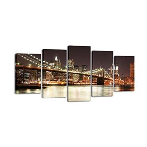 Wieco Art 5 Piece Giclee Canvas Prints Wall Art The Brooklyn Bridge Landscape Pictures Photo Paintings for Living Room Bedroom Home Decorations Modern Stretched and Framed City Skyline Art Work