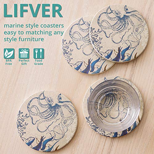 LIFVER Absorbent Stone Coasters with Holder, Coasters for Drinks and Cork Baking, Octopus On World Map Novelty Design, Set of 6