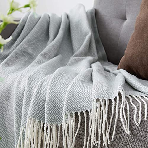 BOURINA Decorative Diamond Lattice Faux Cashmere Fringe Throw Blanket Lightweight Soft Cozy for Bed or Sofa Farmhouse Outdoor Throw Blankets, 50" x 60",Light Blue