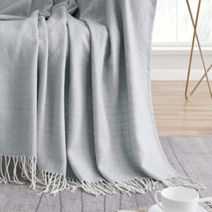 BOURINA Decorative Diamond Lattice Faux Cashmere Fringe Throw Blanket Lightweight Soft Cozy for Bed or Sofa Farmhouse Outdoor Throw Blankets, 50" x 60",Light Blue