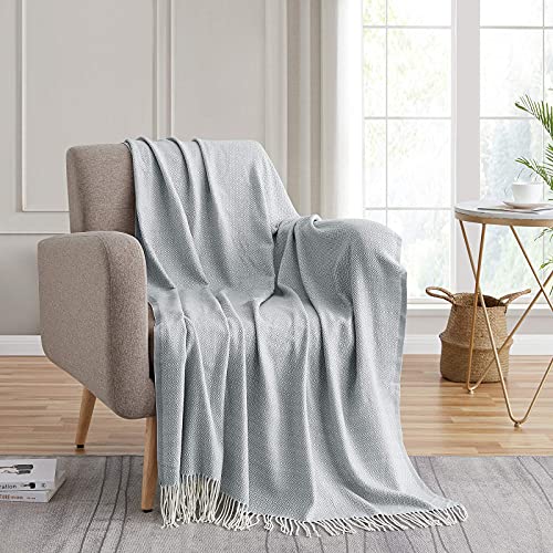 BOURINA Decorative Diamond Lattice Faux Cashmere Fringe Throw Blanket Lightweight Soft Cozy for Bed or Sofa Farmhouse Outdoor Throw Blankets, 50" x 60",Light Blue