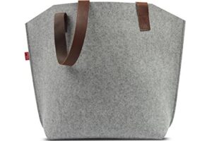 pack & smooch york carryall tote bag for women – made with 100% merino wool and vegetable tanned leather strap (grey/light brown)