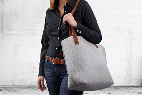 Pack & Smooch York Carryall Tote Bag for Women - Made with 100% Merino Wool and Vegetable Tanned Leather Strap (Grey/Light Brown)