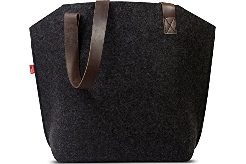 Pack & Smooch York Carryall Tote Bag for Women - Made with 100% Merino Wool and Vegetable Tanned Leather Strap (Dark Grey/Dark Brown)