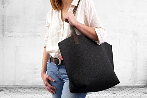 Pack & Smooch York Carryall Tote Bag for Women - Made with 100% Merino Wool and Vegetable Tanned Leather Strap (Dark Grey/Dark Brown)