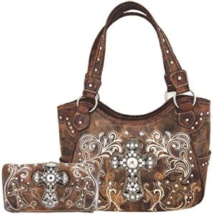 western style rhinestone cross totes purse concealed carry handbags women country shoulder bag wallet set (brown set)