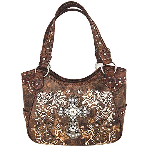 Western Style Rhinestone Cross Totes Purse Concealed Carry Handbags Women Country Shoulder Bag Wallet Set (Brown Set)