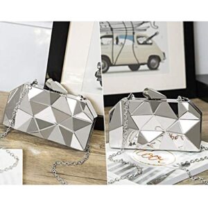 Van Caro Womens Metal Clutch Geometric Evening Handbag Diamond Chain Purse, Silver