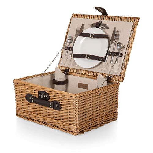 PICNIC TIME Classic Picnic Basket for 2, Romantic Picnic for 2, Wicker Picnic Set, (Beige Canvas)