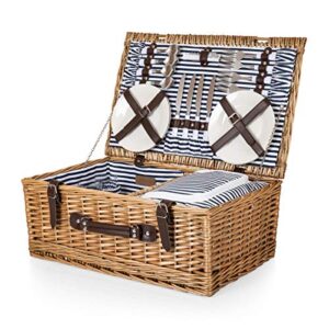 picnic time belmont picnic basket for 4 – wicker picnic baskets – 4 person picnic set, navy blue & white stripes
