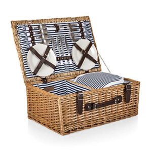 PICNIC TIME Belmont Picnic Basket for 4 - Wicker Picnic Baskets - 4 Person Picnic Set, Navy Blue & White Stripes