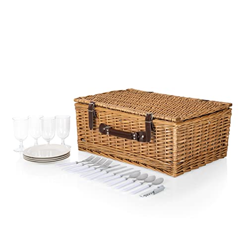 PICNIC TIME Belmont Picnic Basket for 4 - Wicker Picnic Baskets - 4 Person Picnic Set, Navy Blue & White Stripes