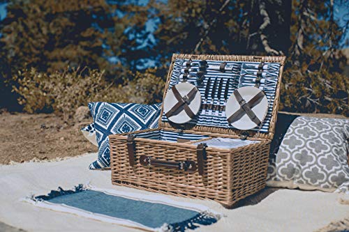 PICNIC TIME Belmont Picnic Basket for 4 - Wicker Picnic Baskets - 4 Person Picnic Set, Navy Blue & White Stripes