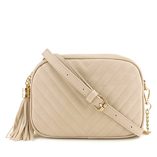 Simple Shoulder Crossbody Bag With Metal Chain Strap And Tassel Top Zipper (Beige)