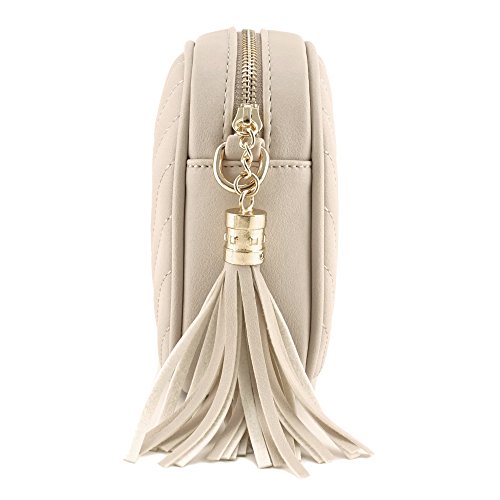 Simple Shoulder Crossbody Bag With Metal Chain Strap And Tassel Top Zipper (Beige)