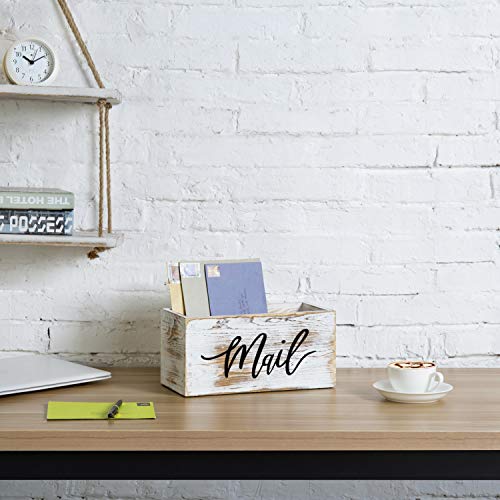 MyGift Whitewashed Wood Desktop Mail Holder Organizer Storage Box, Office Desk Organizer Bin with MAIL Script Design