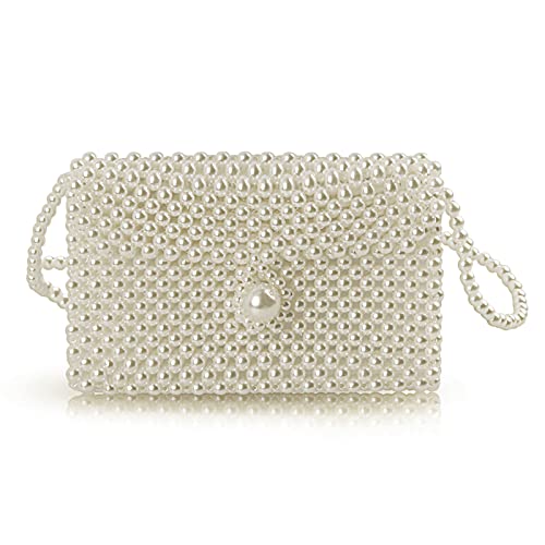 Hogoo Luxury White Pearl Purses Shoulder Bag for Women Pearl Bag Crossbody Beaded Clutch Evening Bag (White Set1)