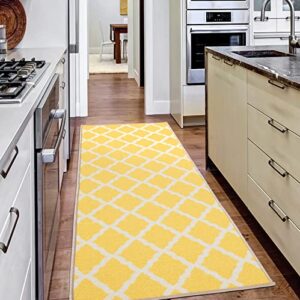 machine washable moroccan trellis design non-slip rubberback 2×5 traditional indoor runner rug for hallway, kitchen, bedroom, entryway, 20″ x 59″, yellow